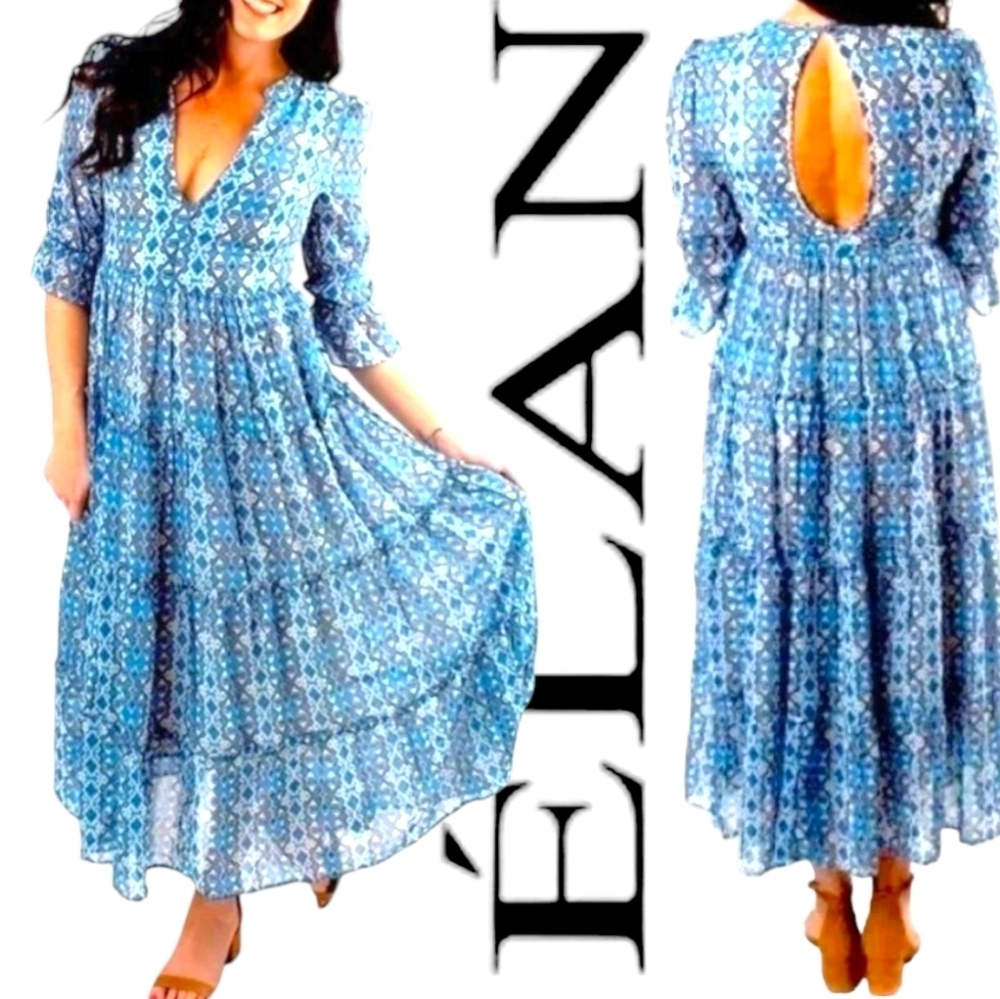 ELAN Boho Midi Dress Blue Long Slvs Ruffles Tiered Skirt Lined NWT Sz SM